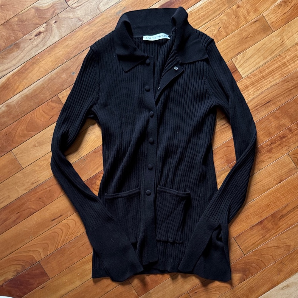 Live The Process Black Ribbed Button-Up Women's Sweater Cardigan